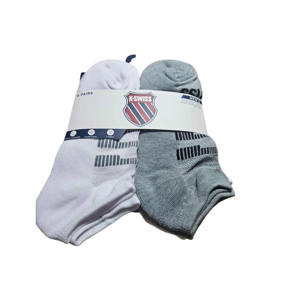 KSwiss Mens Ankle Athletic Socks 6 Pairs White Grey 10-13